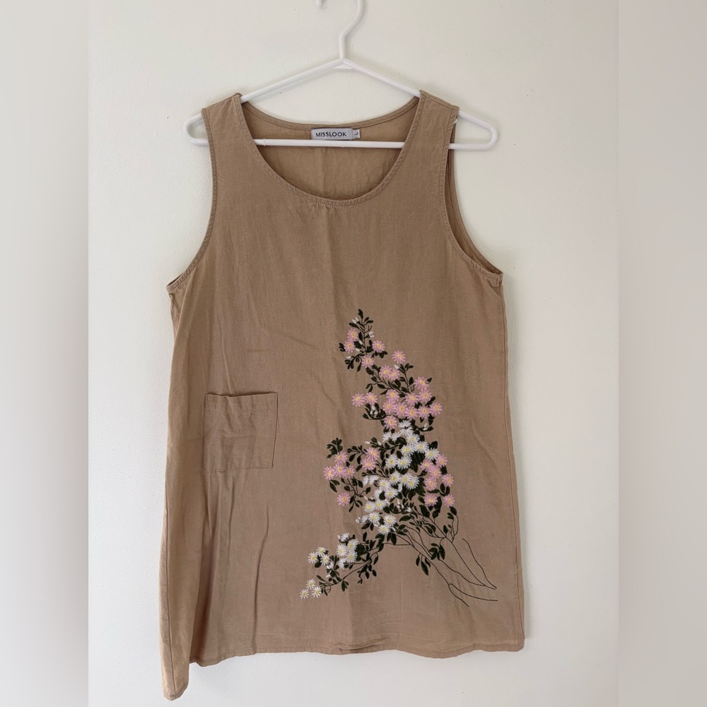 Tan embroidered floral mini dress